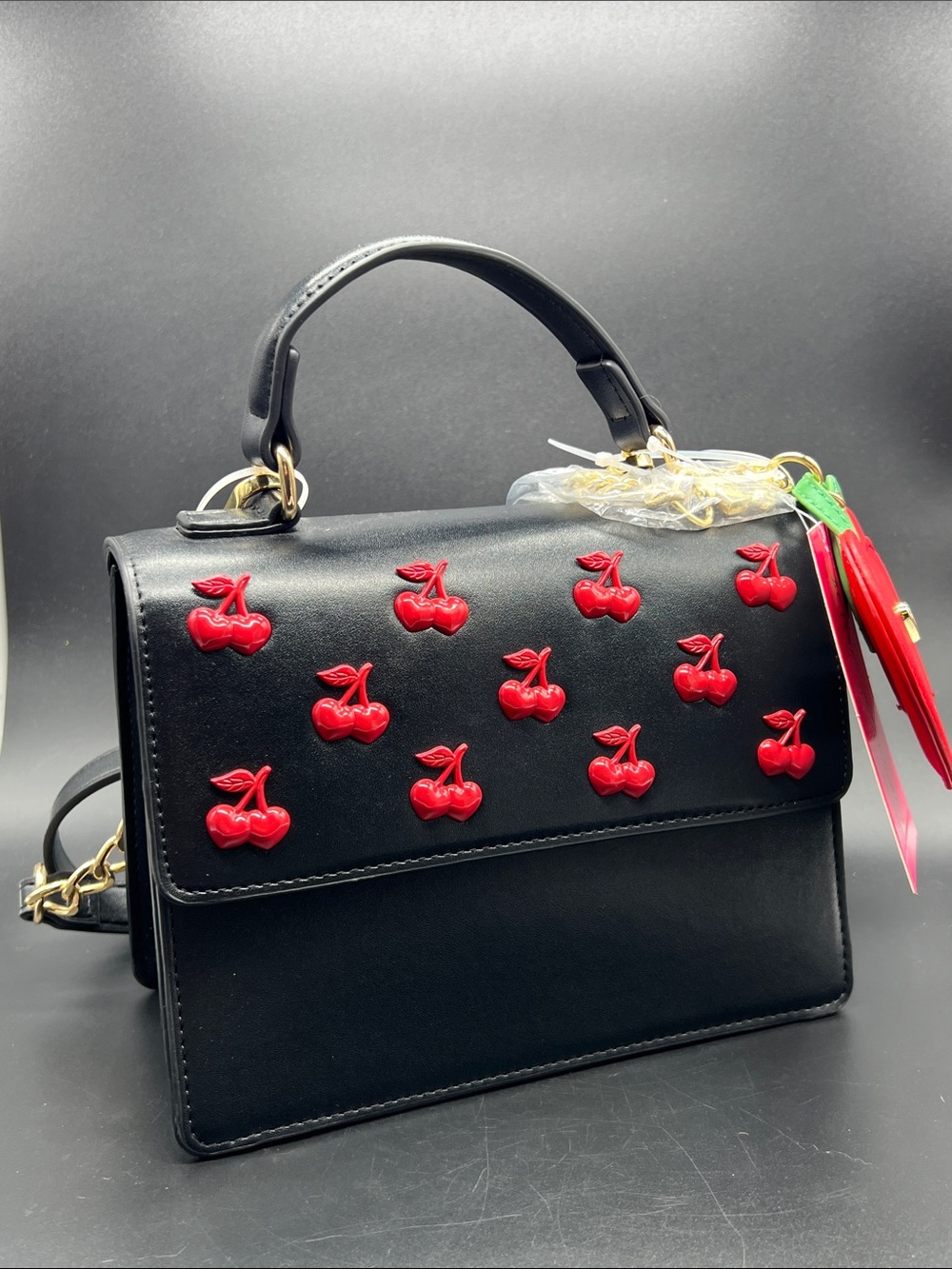 Betsey Johnson Cherry Crossbody Satchel Bag NWT Black Red Heart Cherry Purse